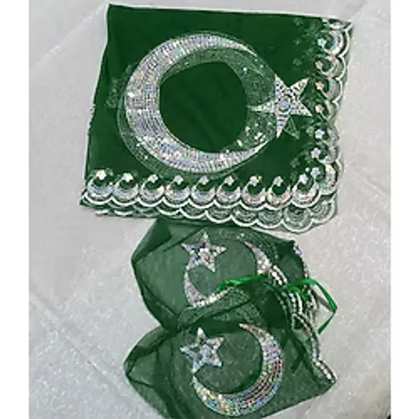 Sermet Süs Dünyası Yeşil Damat Sağdıç Kına Omuz Örtüsü Şalı Eldivenli Pullu Ayyıldız Motifli .Kare Ölçülerde