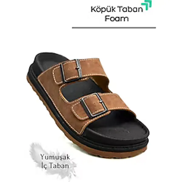 sermoda Çift Toka Ayarlanabilir Genişlik Köpük Taban Rahat Deri Erkek Terlik Taba