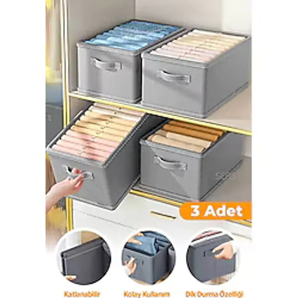 Serstil 3 Adet - Dolap Içi Düzenleyici, Raf Düzenleyici, Katlanabilir Kıyafet Saklama Kutusu 45 x 25 x 20 cm