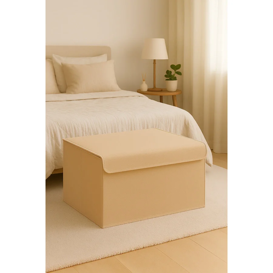 Serstil Büyük Boy Destekli Kapaklı Kutu Hurç - Yorgan Battaniye Saklama Kutusu Organizer 60X40X30 - Bej