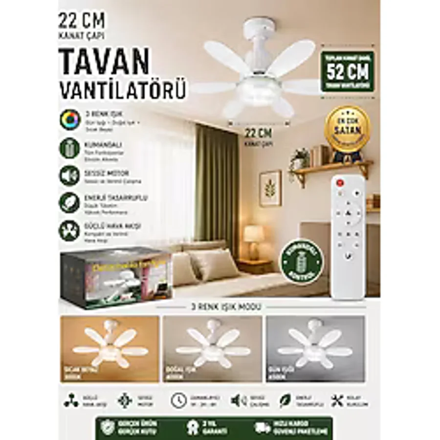 Sessiz 6 kanat KRİSTAL Tavan Vantilatörü Ledli Uzaktan Kumandalı sinek kovar özelligi 52cm