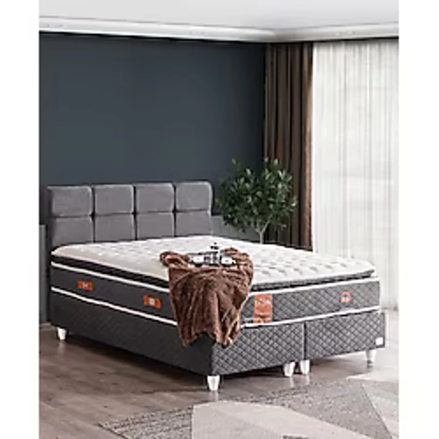 Setay Gümüş Çift Kişilik Baza Başlık Real Pedli Yatak Seti - Antrasit - 150 x 200 cm