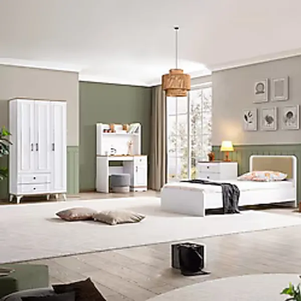 Setay Linda Genç Odası Takımı - 3 Kapılı Dolap, Karyola, Şifonyer, Çalışma Masası - Beyaz