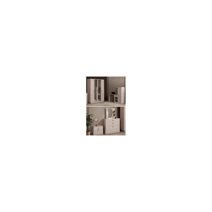 Setay Vela Genç Odası Takımı - 4 Kapaklı Aynalı Dolap, Çalışma Masası, Şifonyer, Komodin - Vizon