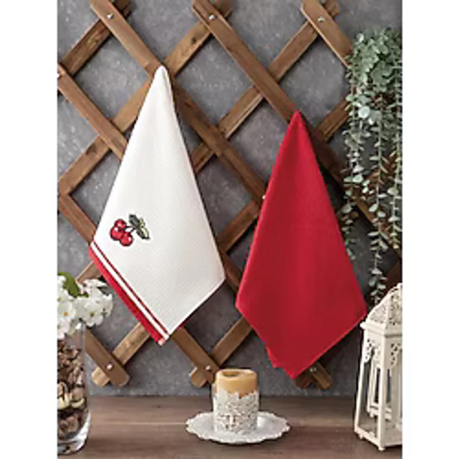 Sevim 2'li Mutfak Havlusu - Pamuk - Nakışlı Kurulama Bezi - 40 x 60 cm - 40 x 60 cm - Kırmızı