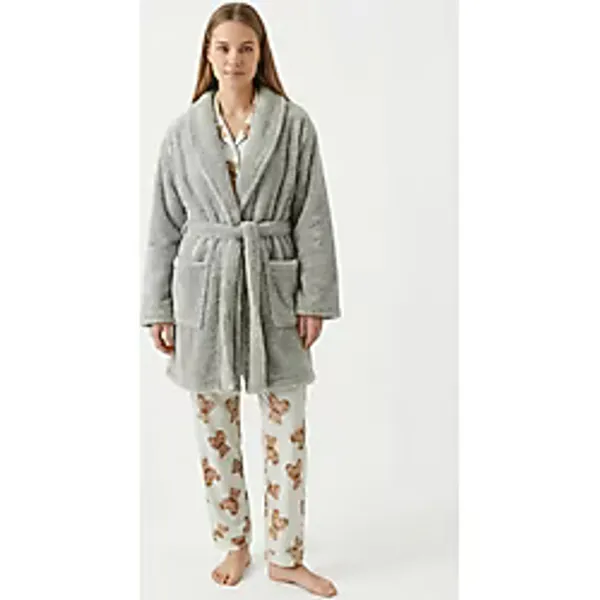 Sevim Şal Yaka Wellsoft Sabahlık & Peluş Bornoz-Yumuşak, Polar Unisex Sabahlık-Gri - L - XL