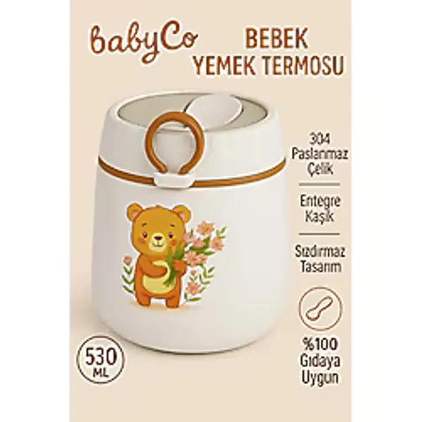 Sevimli Ayıcık Tasarımlı Bebek Yemek Termosu - Sızdırmaz, Kaşıklı, 530 ml (6 Ay+) - Turuncu
