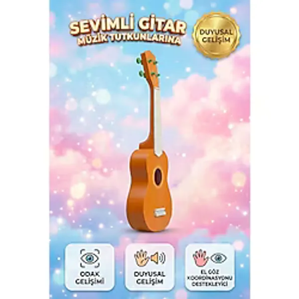 Sevimli İlk Gitarım! 57Cm Plastik Telli Ayarlanabilir Akorlu Eğitici Oyuncak Çocuk Müzik Aleti