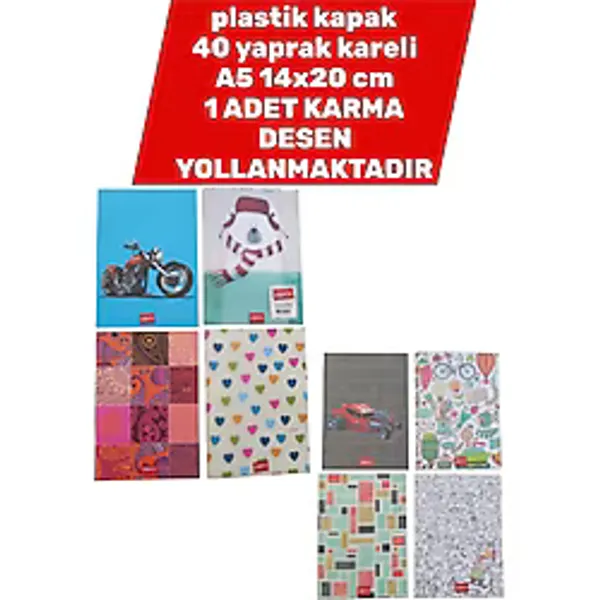 Seyfi Kırtasiye Plastik Kapak 14X20 cm A5 Ebat 40 Yaprak Kareli Defter 1 Adet Karma Desen Yollanmaktadır - Karışık Renkler - standart