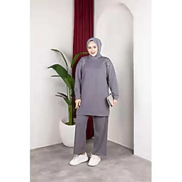 Sfg Life Moda Kadın Gri Tesettür Giyim Zarif Taş Detaylı Tunik & Pantolon İkili Takım