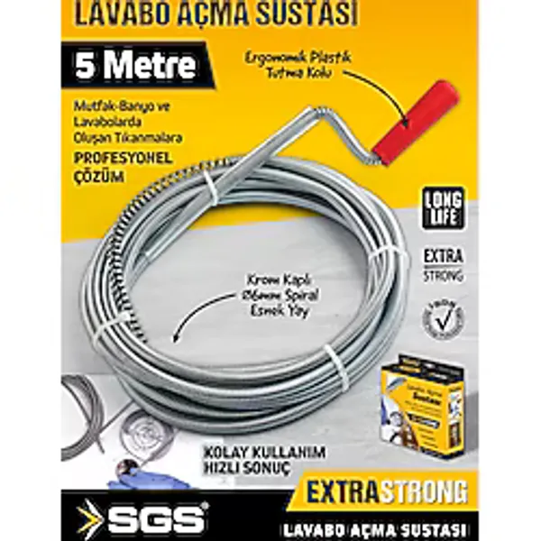 SGS972 5 Metre Lavabo Açma Sustası Lavabo Gider Boruları Açma Teli