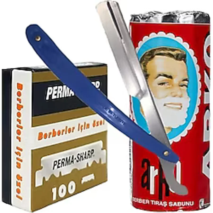 Sharp Berber Jileti 100'LÜ Paket, Arko 75G Tıraş Sabunu, Ali Bıyıklı Ustura Seti