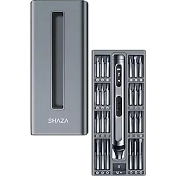 Shaza 50 Parça Şarjlı Hassas Tornavida Seti - Led Işıklı, Mıknatıslı Alüminyum Kasa, Type-c, Telefon PC Vb. Tamir Seti Gri