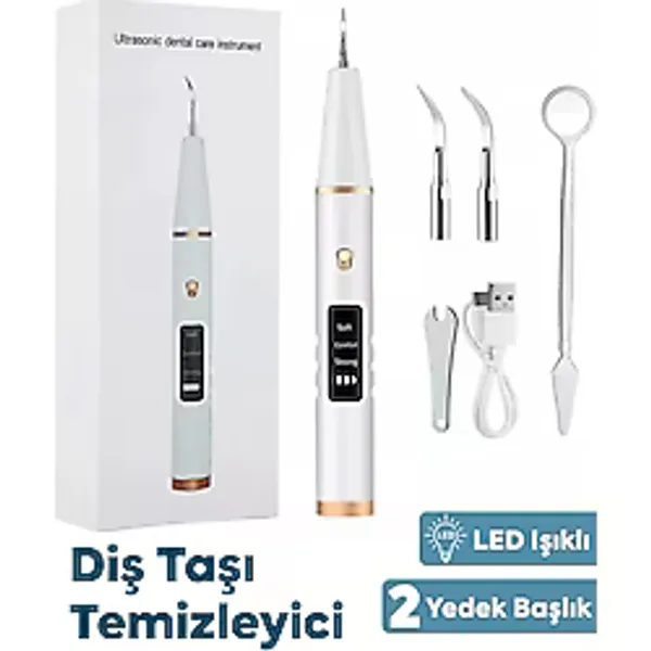 Sheland Ultrasonik Diş Taşı Temizleme Cihazı 2 Yedek Başlık LED Işıklı IPX7 Su Geçirmez 3 Mod - Beyaz