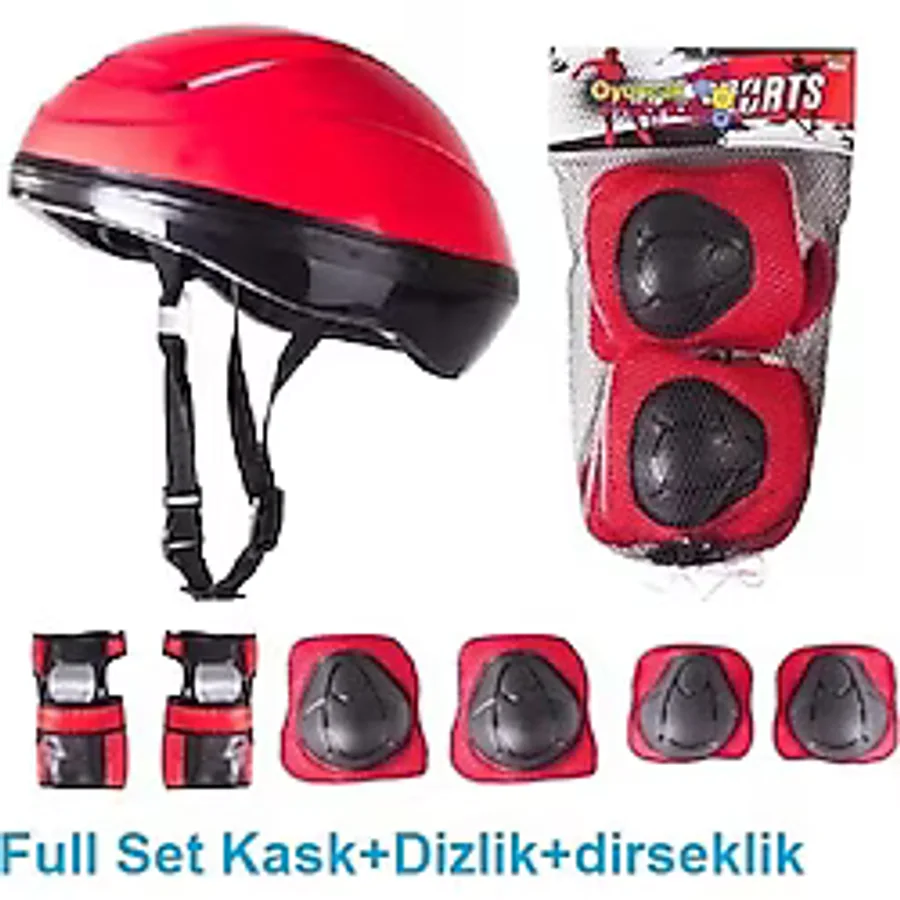 Shem Bisiklet Kaykay Paten Çocuk Kaskı ve 6 Parça Dizlik Dirseklik Koruma Seti - Kırmızı