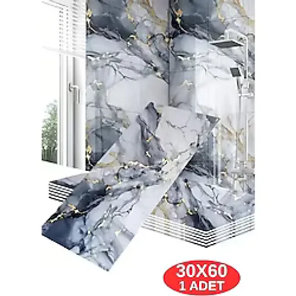 Shiny Blue Gold Mermer Desenli 60X30cm Yapışkanlı Mutfak Banyo Kaplama Duvar Paneli Kağıdı Tx-6969