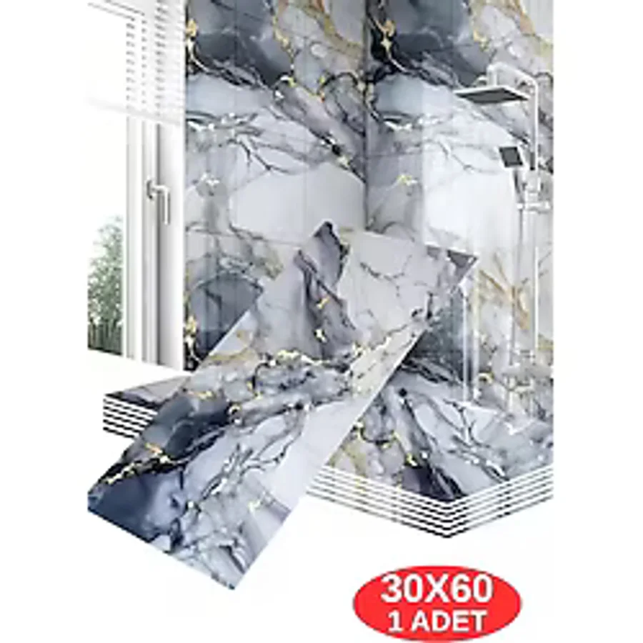 Shiny Blue Gold Mermer Desenli 60x30cm Yapışkanlı Mutfak Banyo Kaplama Duvar Paneli Kağıdı TX-035