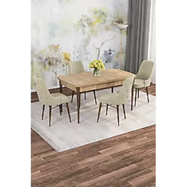 Shoovvel Mona Meşe 80X132 Açılabilir Mdf Masa Yemek Odası Takımı, Mutfak Takımı 4 Adet Sandalye Meşe Masa - 4 Bej - Ceviz Ayak