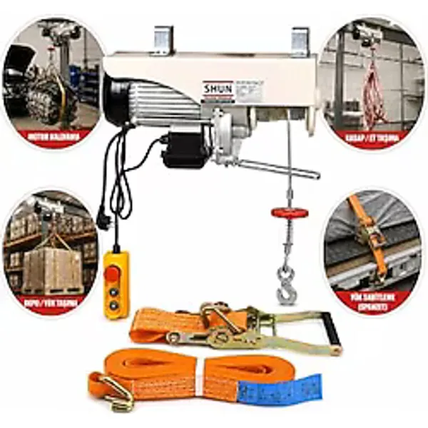 Shun Elektrikli Mini Vinç PA1200, 1200W, 600/1200 kg Kaldırma Kapasitesi, Uzaktan Kumandalı + 2 Ton 10 Metre Spanzet Seti