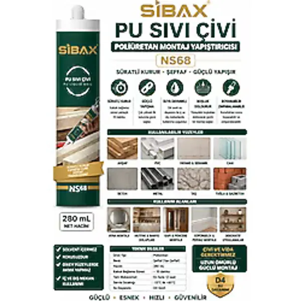 Sibax Pu Sıvı Çivi Süratli Kurur Şeffaf Ahşap Pvc Fayans Cam Beton Montaj Yapışırıcı 280 ml Kod Ns 068