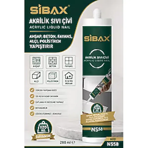 Sibax Sıvı Çivi Ahşap Beton Fayans Alçı Polistiren Yapıştırır 120 kg Dayanım 280 ml Kod :NS58
