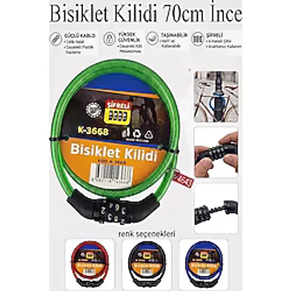 Şifreli Bisiklet Kilidi 70 cm İnce 1 Adet K-3668 Çelik Halat Plastik Kaplamalı Bisiklet Kiliti Scooter Kapı Şifreli