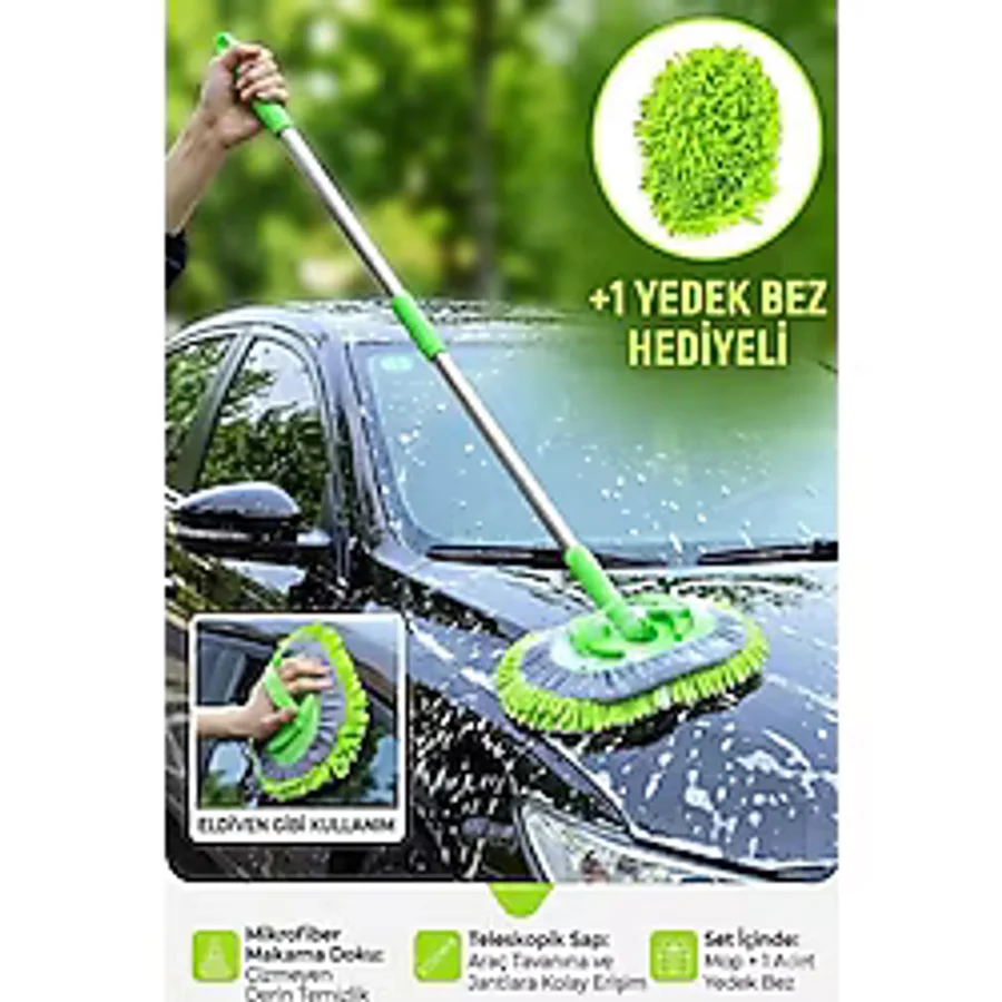 Sihirli Mop Araba Yıkama Fırçası Mikrofiber Bezli Teleskopik Saplı +1 Yedek Bez Hediyeli