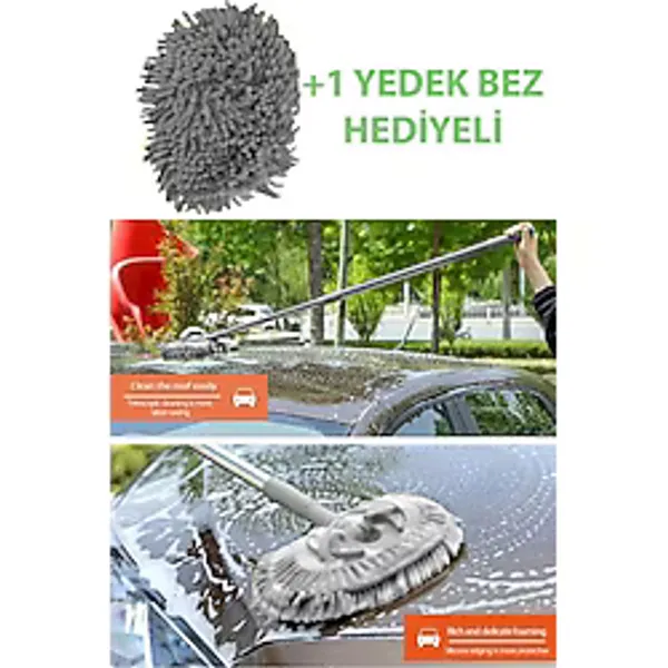 Sihirli Mop Araba Yıkama Fırçası Mikrofiber Bezli Teleskopik Saplı +1 Yedek Bez Hediyeli - Gri