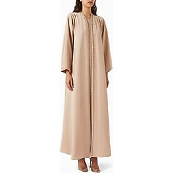 Şık Abaya Takımı Ince Aksesuarlarla Kaplama Abiye Elbise ve Şapka - Bej - 2XL