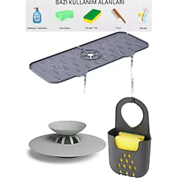 Silikon Banyo ve Mutfak Lavabo Seti 3'lü Musluk Matı Lavabo Süzgeci Askılı Süngerlik Düzenleyici - 0,1 lt