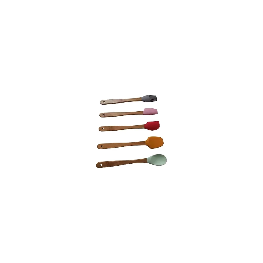 Silikon Mini Spatula Seti, 5'li Renkli Bambu Saplı - Isıya Dayanıklı Mutfak Spatulası ve Fırça Yapışmaz Yüzeyler İçin Kek, Pasta ve Yemek Yapımı - 0,5 x 7 cm