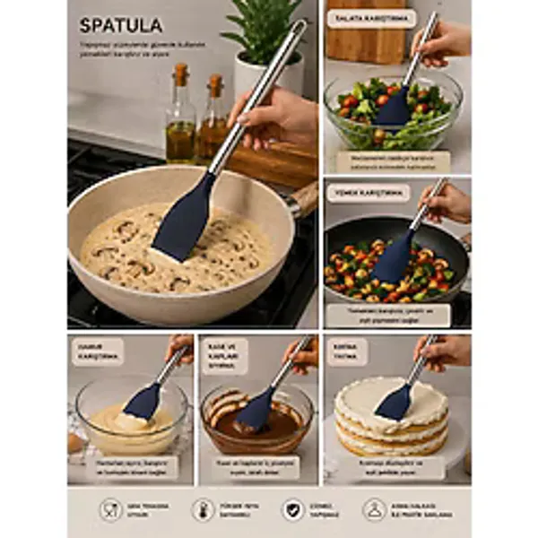 Silikon Servis Spatulası Paslanmaz Çelik Saplı Yapışmaz Tava Uyumlu Turnerb Palu Silikon Spatula, Günlük Mutfak Kullanımında Pratiklik Sağlayan Ergonomik ve Modern Tasarımıyla Öne Çıkar. - 0,5 x 7 cm