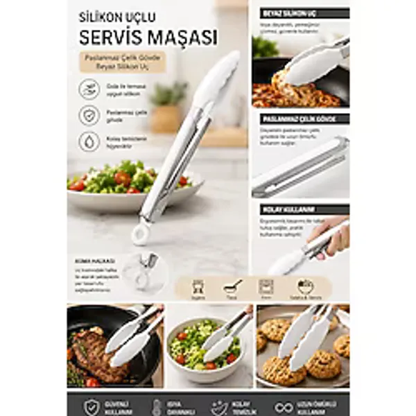Silikon Uçlu Paslanmaz Çelik Servis Maşası Isıya Dayanıklı Mutfak Maşası Salata Izgara Et Mangal Pişirme Ve Servis Maşası