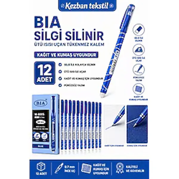 Silinebilir Tükenmez Kalem Ütüyle Isıyla Uçan Kumaş Kalemi 12 Adet - Mavi