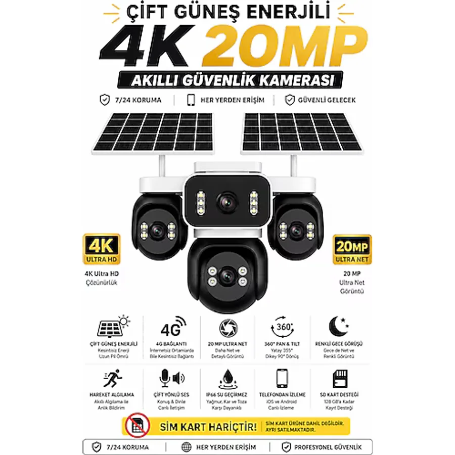 Sim Kartlı Kamera , Güneş Enerjili 4 Kameralı Solar Panelli Kamera , 20000 Mah 2 Solar Panel 4g Ioma