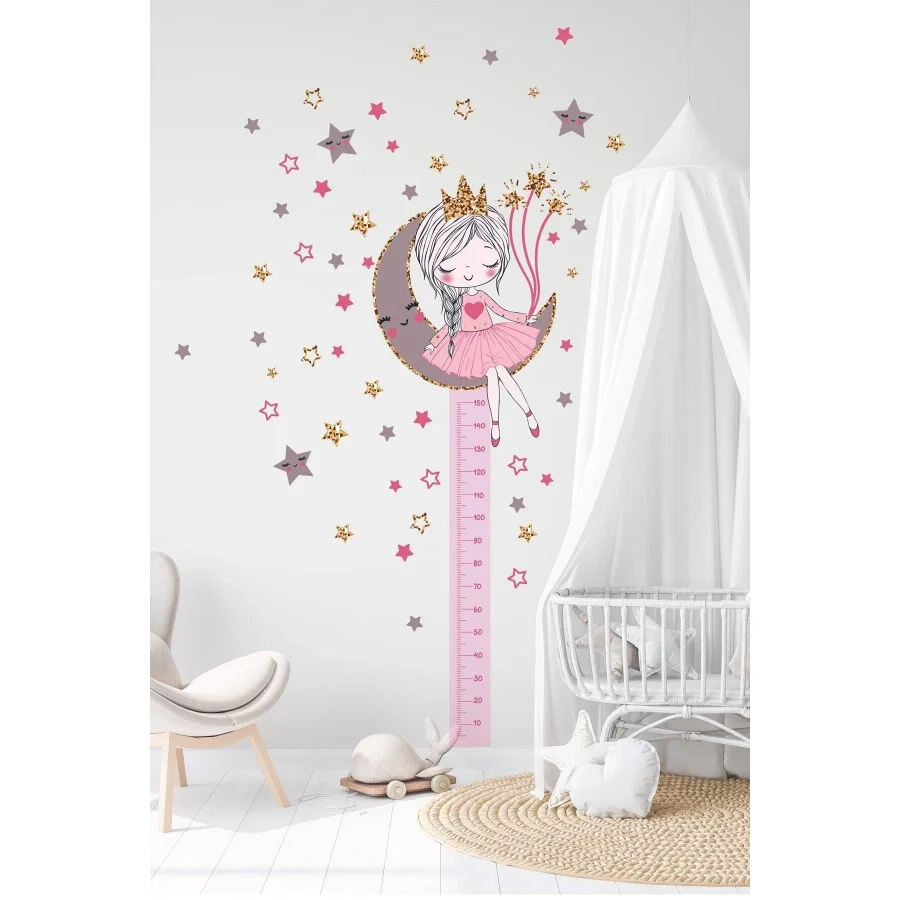 Sim Tasarım Ayda Oturan Sevimli Kız Çocuğu Boy Ölçer Duvar Sticker