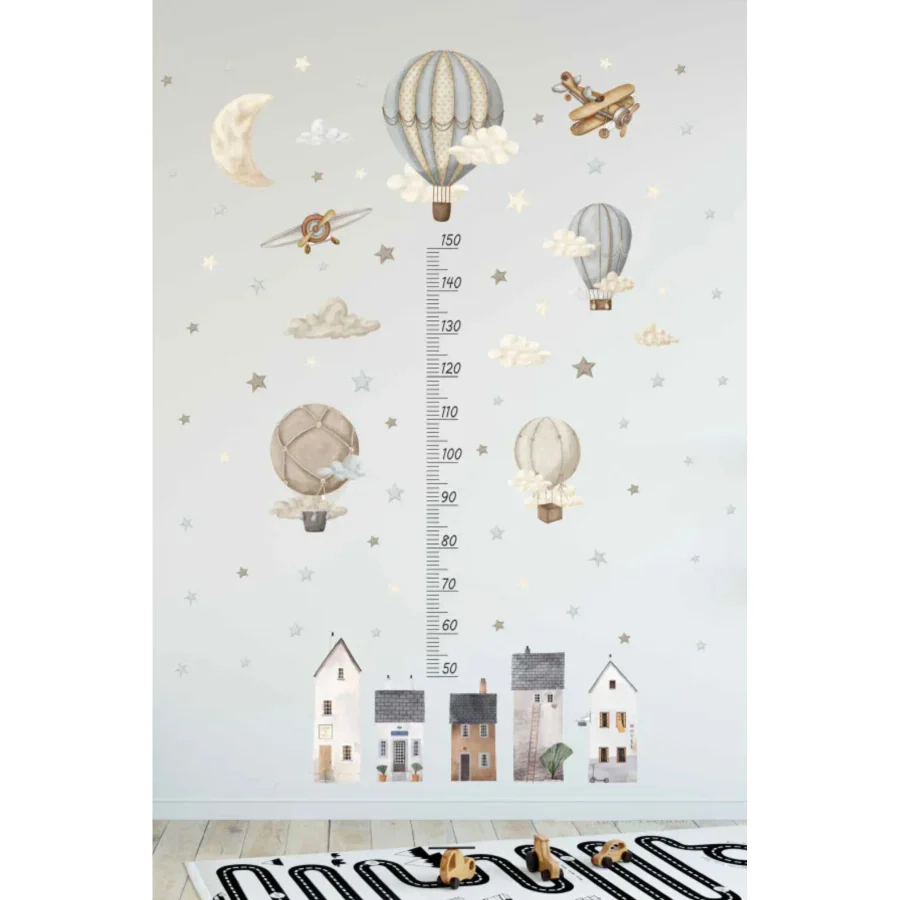 Sim Tasarım Retro Balonlar Ve Evler Boy Cetveli Boy Ölçer Çocuk Odası Duvar Sticker Seti