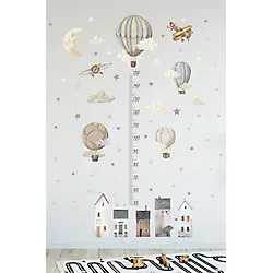 Sim Tasarım Retro Balonlar Ve Evler Boy Cetveli Boy Ölçer Çocuk Odası Duvar Sticker Seti