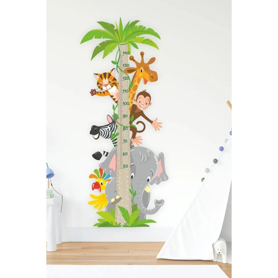 Sim Tasarım Sevimli Safari Hayvanları Temalı Boy Ölçer Duvar Sticker