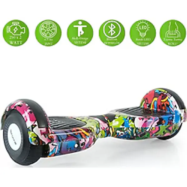SIMATE Elektrikli Kaykay Hoverboard 6.5 Inc Tutma Kollu Bluetooth Hoparlörlü LED Işıklı Otomatik Akıllı Denge - Pembeli Graffiti