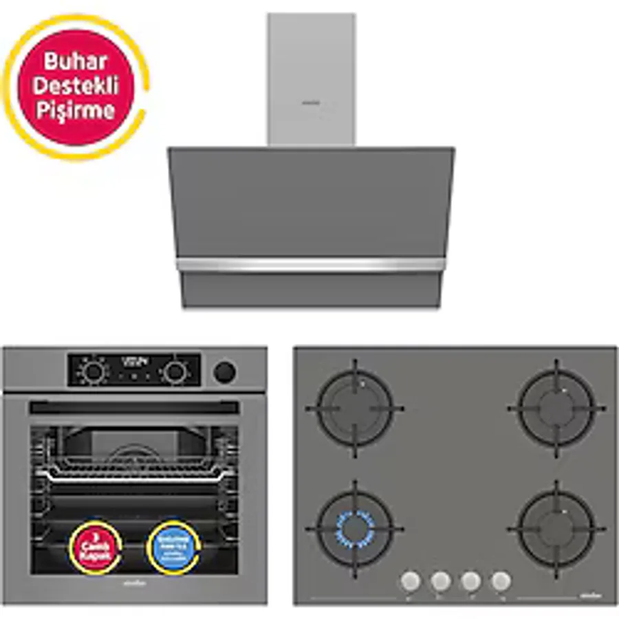 Simfer 11 Fonksiyon Steam Master Gri 3'lü Ankastre Set (8246 Fırın - 3656 Ocak - 8740 Davlumbaz)