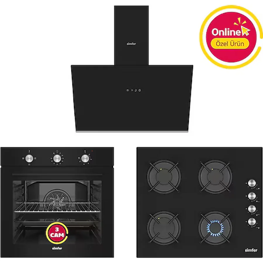 Simfer 4 Fonksiyon Trend Mekanik Siyah Power Turbo 3'lü Ankastre Set (8228 Fırın + 3046 Ocak + 8721 Davlumbaz)