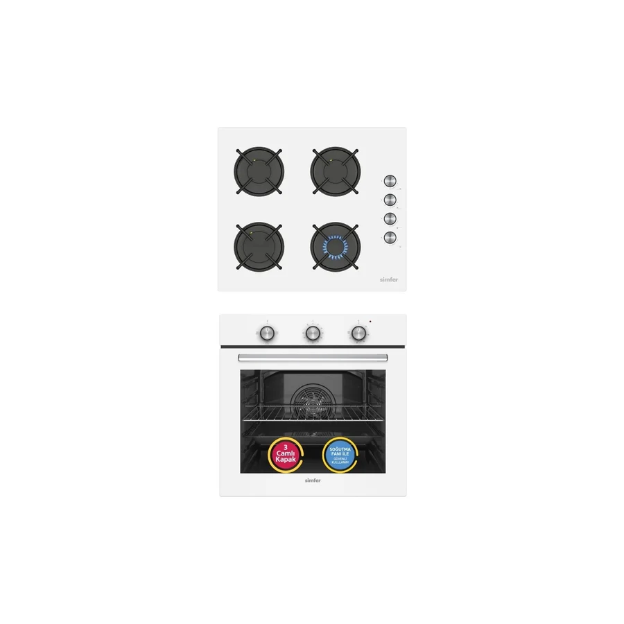 Simfer Ankastre Set Beyaz Cam Ocaklı Mekanik Power Turbo Fanlı 2'li Set (Fırın + Ocak)