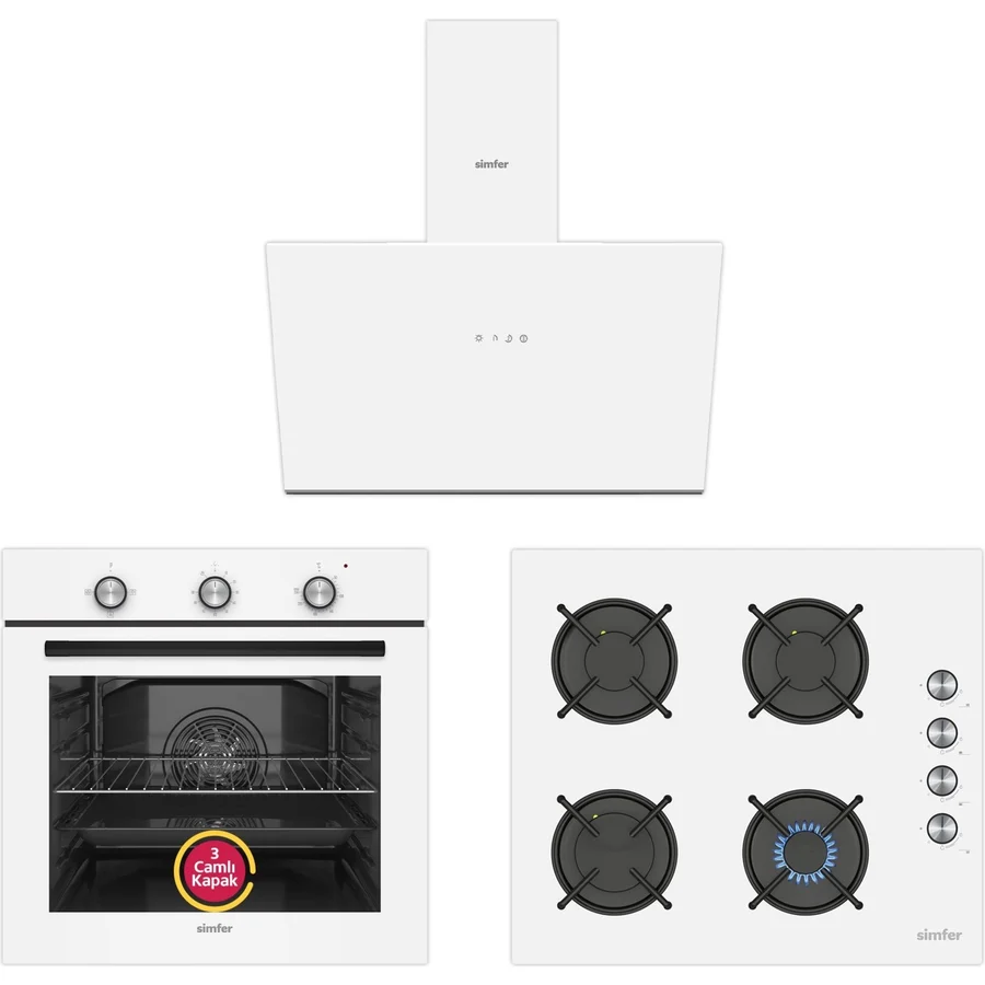 Simfer Ankastre Set Beyaz Mekanik Power Turbo Fanlı Cam Ocaklı 3'lü Set (Fırın + Ocak + Davlumbaz)