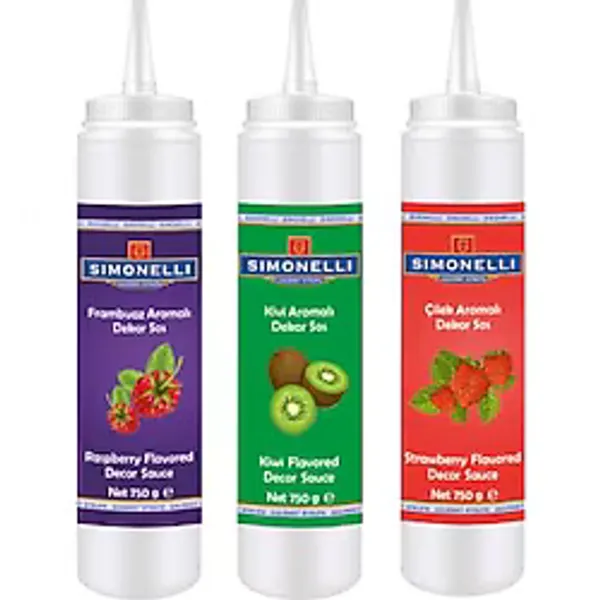Simonelli 3'lü Meyveli Dekor Sos Seti - Çilek, Kivi ve Frambuaz Aromalı Dondurma, Pasta ve Tatlı Sosu