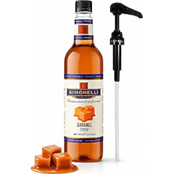 Simonelli Karamel Aromalı Kahve ve Kokteyl Şurubu 700 ML + Şurup Pompası - Latte Frappe Soğuk Sıcak Kahve ve Tatlı Şurubu