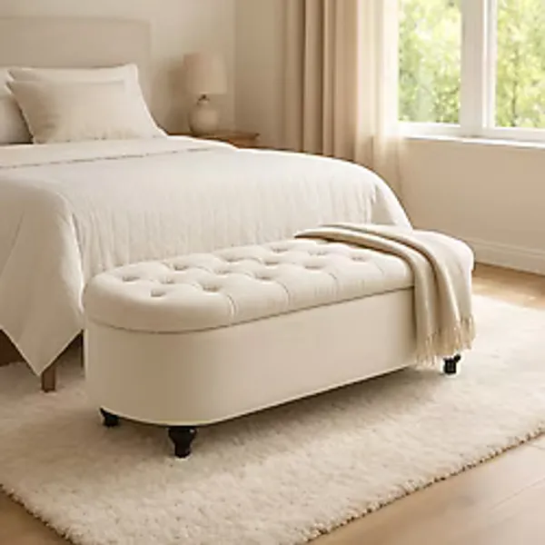 Simple Uzun ve Derin Sandıklı Puf Bench Çok Amaçlı Dekoratif Puf - Krem