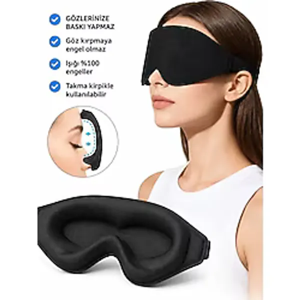 Sinada Premium 3D Uyku Göz Maskesi, %100 Işık Engelleme, Hafızalı Köpük Uyku Bandı - Siyah