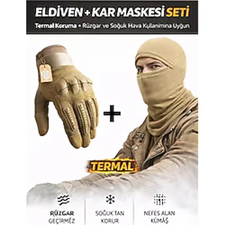 Single Sword Dokunmatik Tam Parmak Korumalı Eldiven + Termal Kar Maskesi Set Bej L