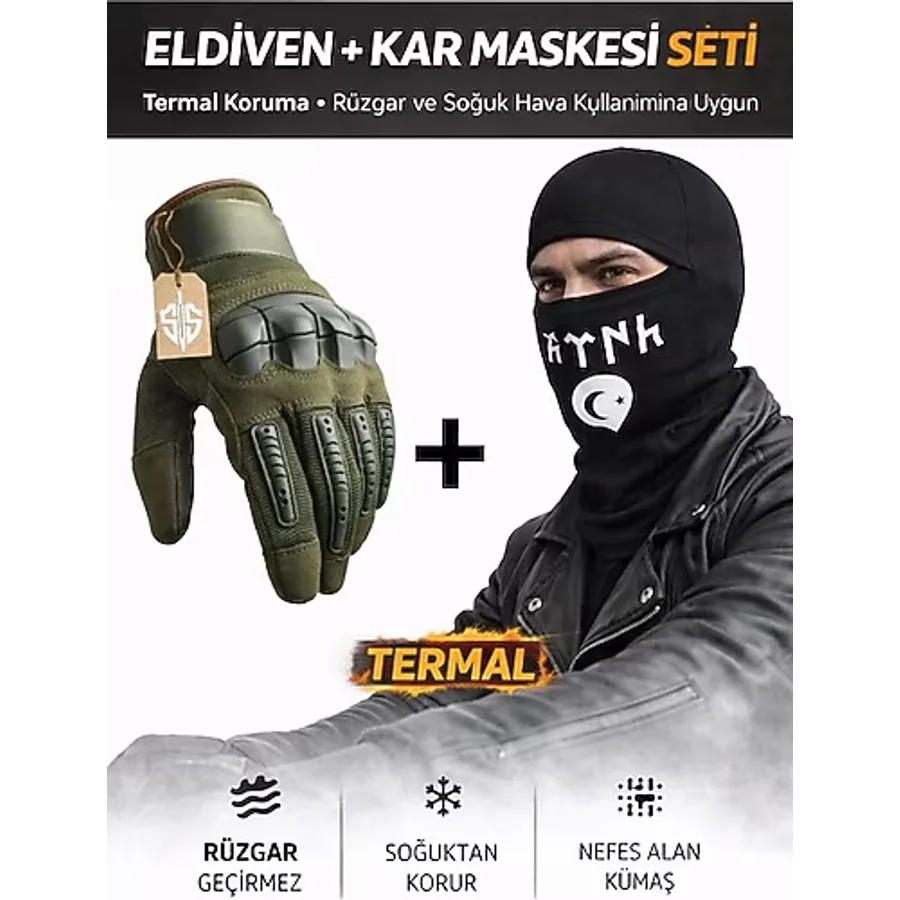 Single Sword Dokunmatik Tam Parmak Korumalı Eldiven + Termal Kar Maskesi Set Haki Xl